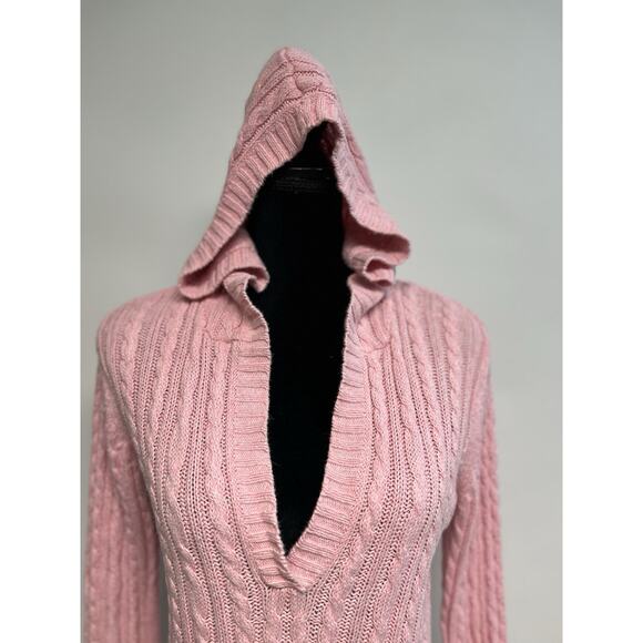 VTG Y2K Cable Knit Sweater L Pink Fitted V Neck Hooded Vampire Diaries Elena - Picture 7 of 13